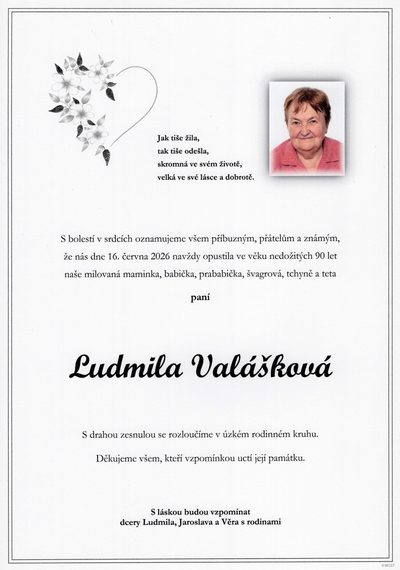 Smuteční oznámení – Ludmila Valášková