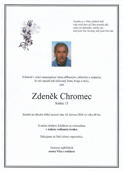 Smuteční oznámení – Zdeněk Chromec