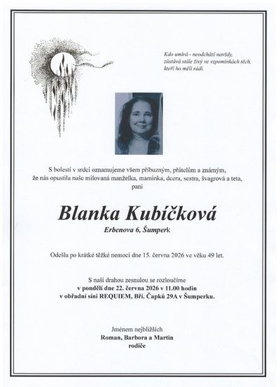 Smuteční oznámení – Blanka Kubíčková