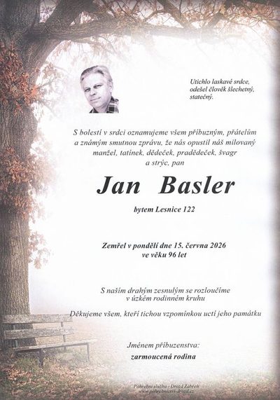 Smuteční oznámení – Jan Basler