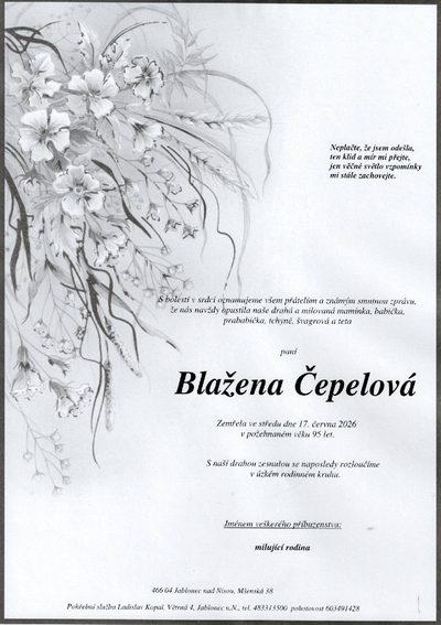 Smuteční oznámení – Blažena Čepelová