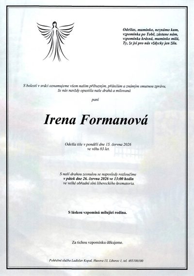 Smuteční oznámení – Irena Formanová