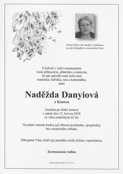 Smuteční oznámení – Naděžda Danyiová