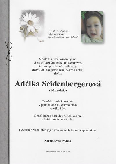 Smuteční oznámení – Adélka Seidenbergerová