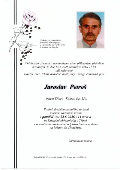Smuteční oznámení – Jaroslav Petroš