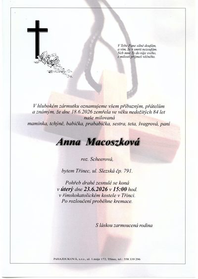 Smuteční oznámení – Anna Macoszková