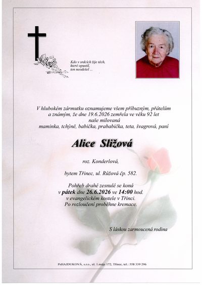 Smuteční oznámení – Alice Sližová
