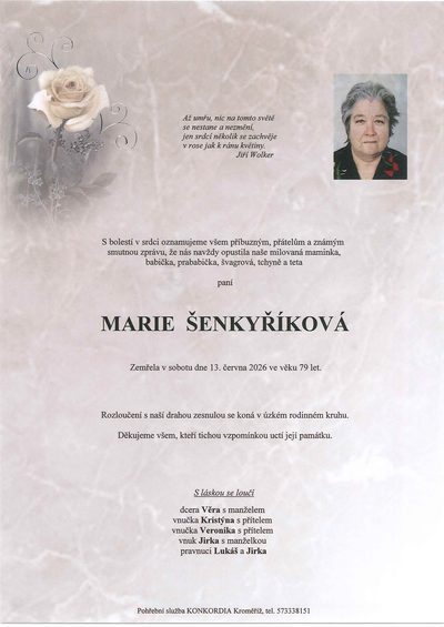 Smuteční oznámení – Marie Šenkyříková