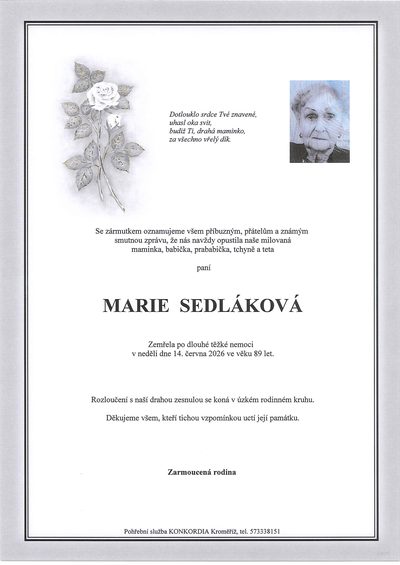 Smuteční oznámení – Sedláková Marie