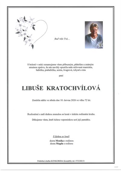 Smuteční oznámení – Kratochvílová Libuše