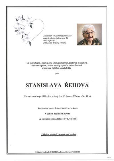 Smuteční oznámení – Stanislava Řehořová