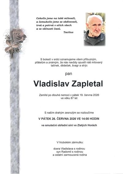 Smuteční oznámení – Vladislav Zapletal