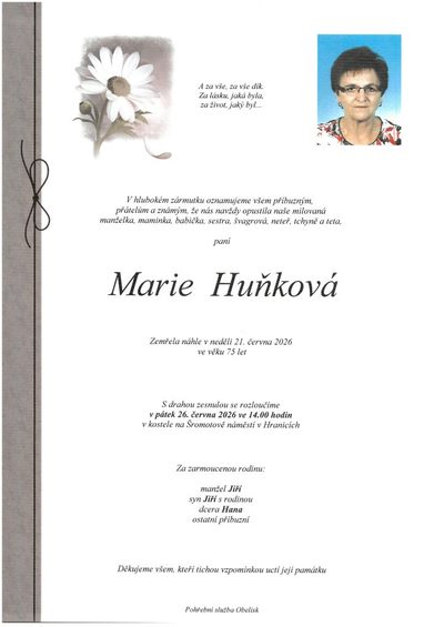 Smuteční oznámení – Marie Huňková