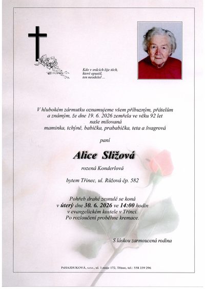 Smuteční oznámení – Alice Sližová