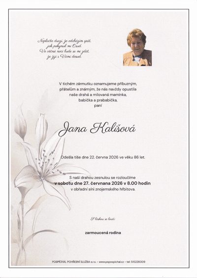 Smuteční oznámení – Jana Kališová