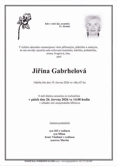 Smuteční oznámení – Jiřina Gabrhelová
