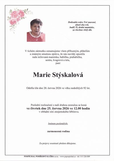 Smuteční oznámení – Marie Stýskalová