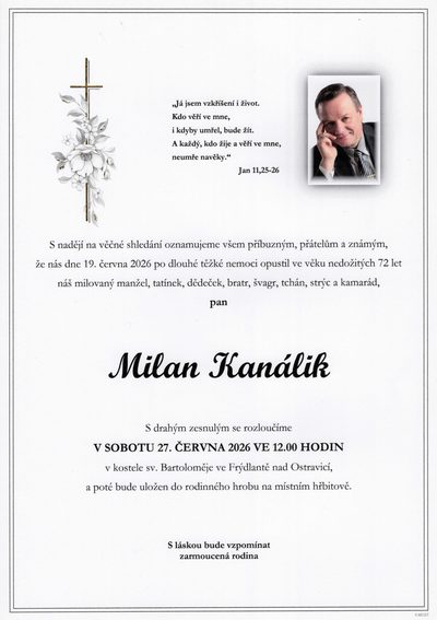 Smuteční oznámení – Milan Kanálik