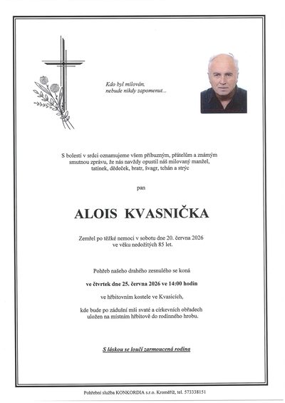 Smuteční oznámení – ALOIS KVASNIČKA