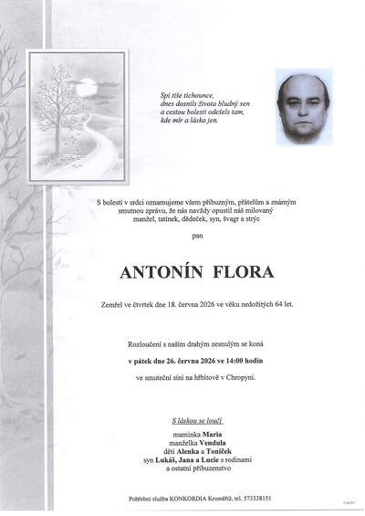 Smuteční oznámení – ANTONÍN FLORA