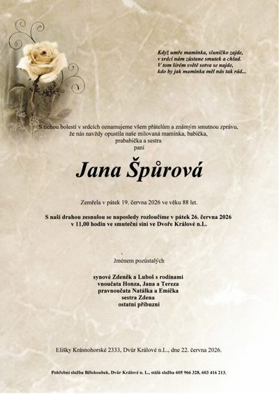 Smuteční oznámení – Jana Spůrová
