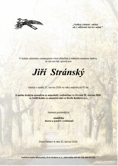 Smuteční oznámení – Dolní Dehtov 6, dne 22. června 2026.
