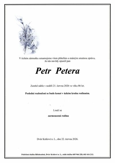 Smuteční oznámení – Petr Petera