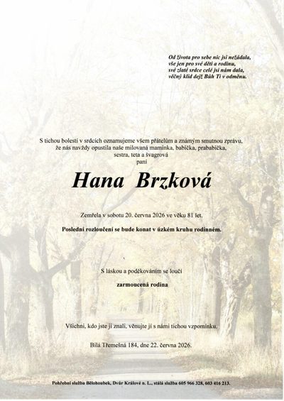 Smuteční oznámení – Hana Brzková