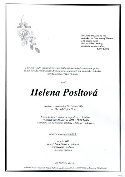 Smuteční oznámení – Helena Posltová