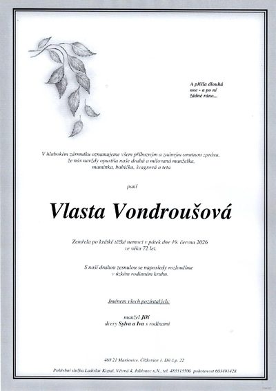 Smuteční oznámení – Vlasta Vondroušová