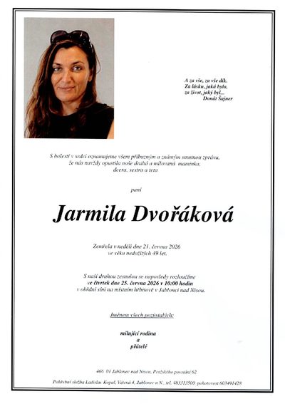 Smuteční oznámení – Jarmila Dvořáková