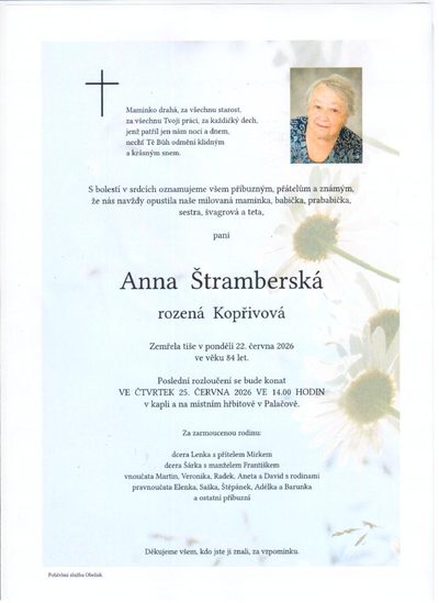 Smuteční oznámení – Anna Štramberská