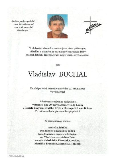 Smuteční oznámení – Vladislav Buchal