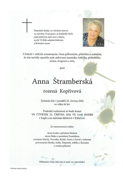 Smuteční oznámení – Anna Štramberská