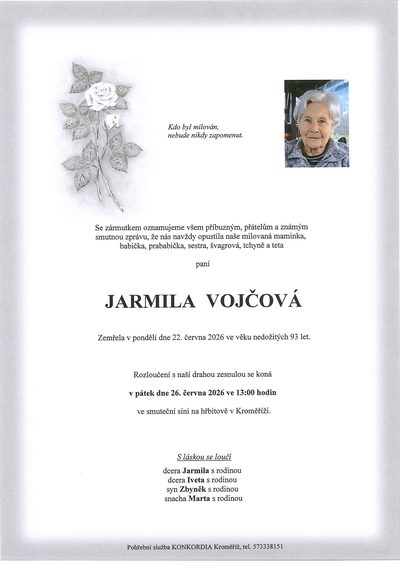 Smuteční oznámení – JARMILA VOJČOVÁ
