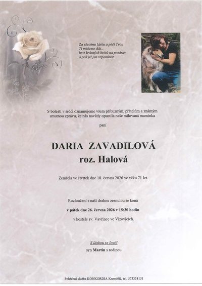 Smuteční oznámení – DARIA ZAVADILOVÁ