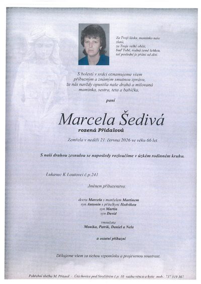 Smuteční oznámení – Marcela Sedivá