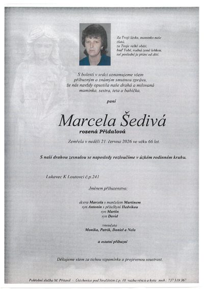 Smuteční oznámení – Marcela Šedivá