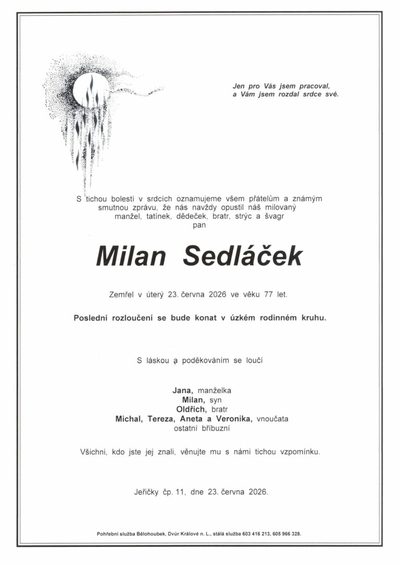 Smuteční oznámení – Milan Sedláček