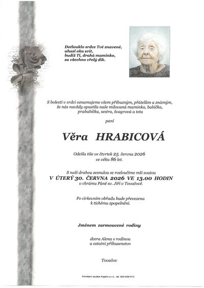 Smuteční oznámení – Věra HRABICOVÁ