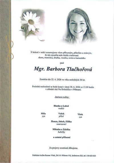 Smuteční oznámení – Barbora Tlučhořová