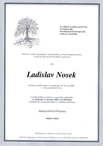 Smuteční oznámení – Ladislav Nosek