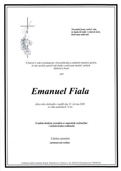 Smuteční oznámení – Emanuel Fiala