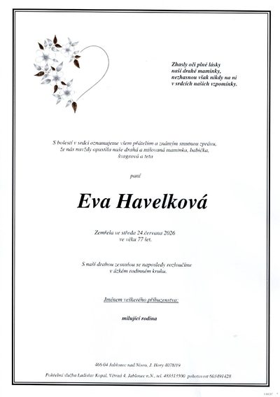 Smuteční oznámení – Eva Havelková