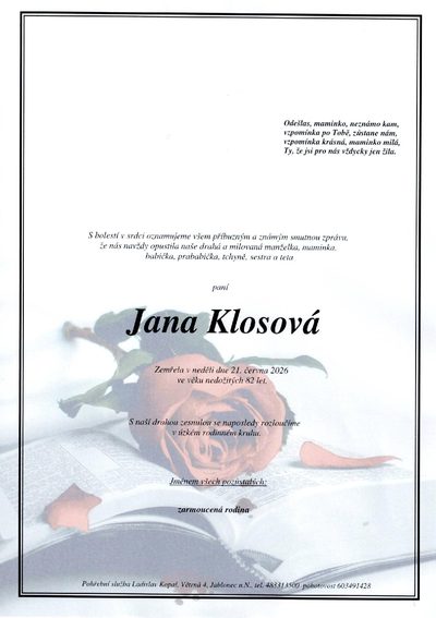 Smuteční oznámení – Jana Klosová