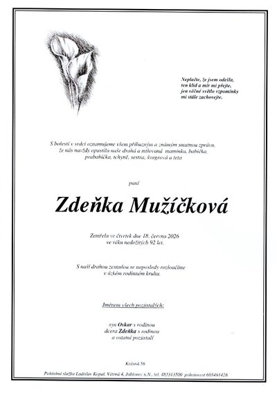 Smuteční oznámení – Zdeňka Mužíčková