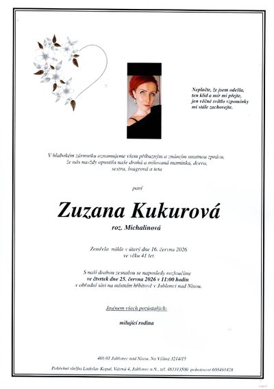 Smuteční oznámení – Zuzana Kukurová