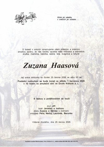 Smuteční oznámení – Zuzana Haasova