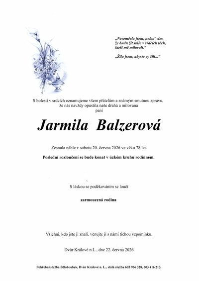 Smuteční oznámení – Jarmila Balzerova