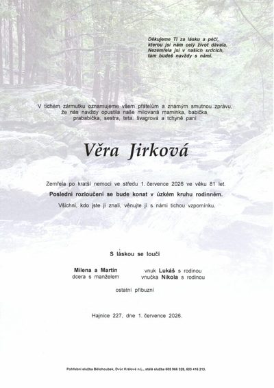 Smuteční oznámení – Věra Jirková